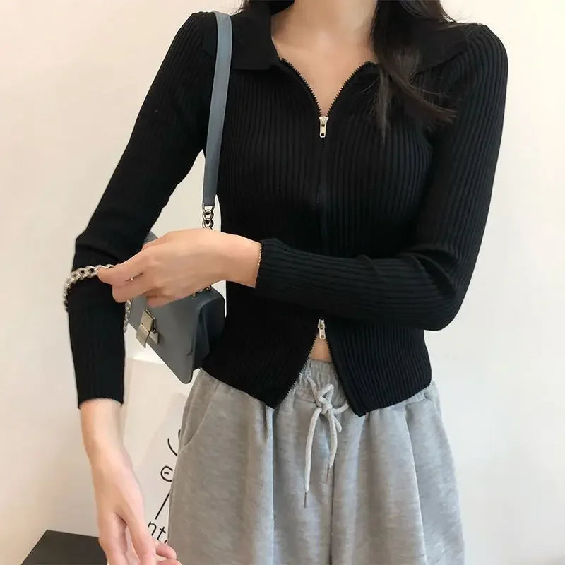 Slim Fit Polo Collar Double-Headed Zipper Knitted Cardigan Black / One Size cardiagn-250126