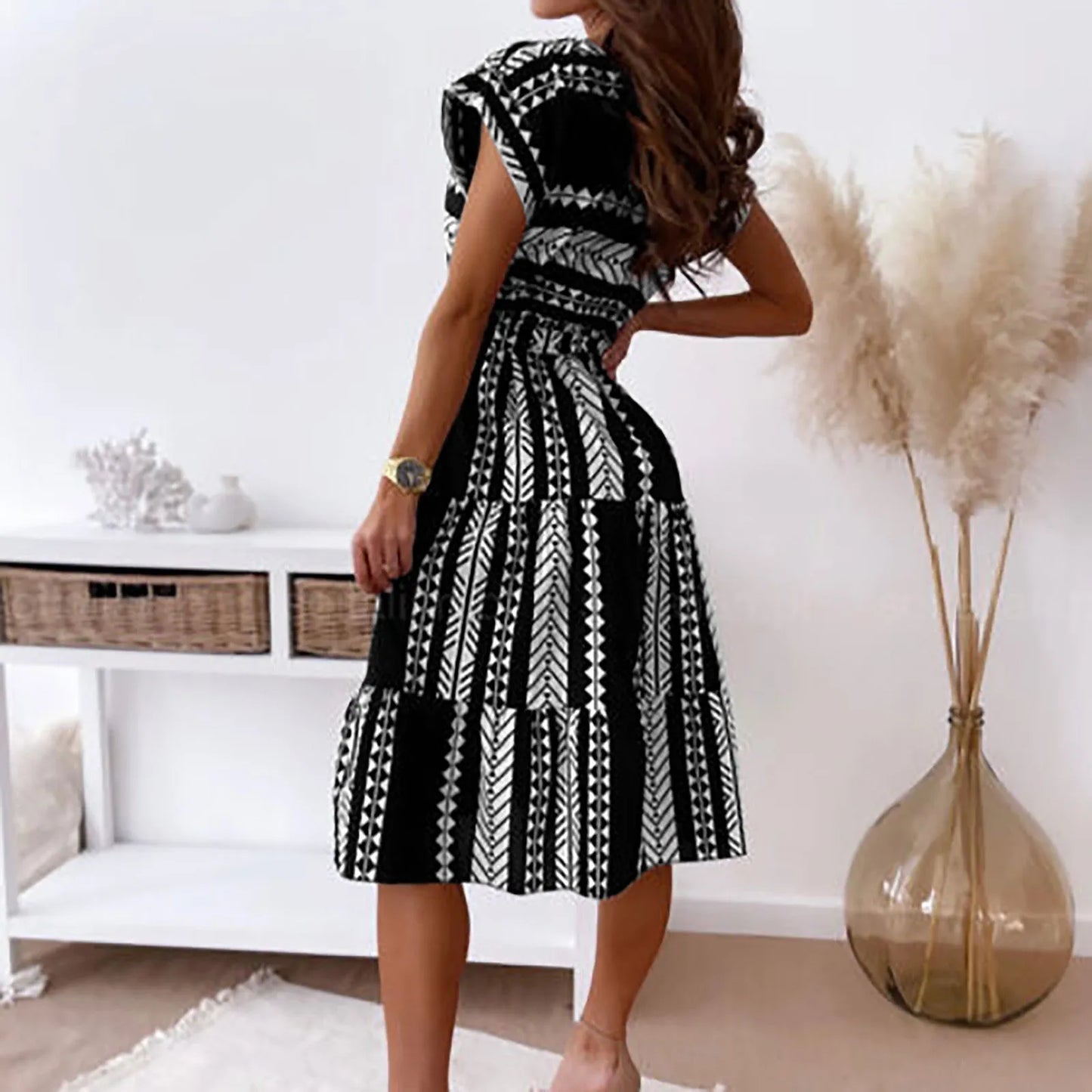 JuliaFashion - Womens Midi Evening Party Prom Irregularly Print Short Sleeve Lace-Up Slim Body Wrap Hips Long Clubwear Dress