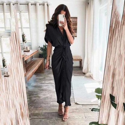 JuliaFashion - Womens Silk V Neck Elegant Long Short Sleeve Satin For Women 2024 Summer Party Wrinkle Summer Office Maxi Dress