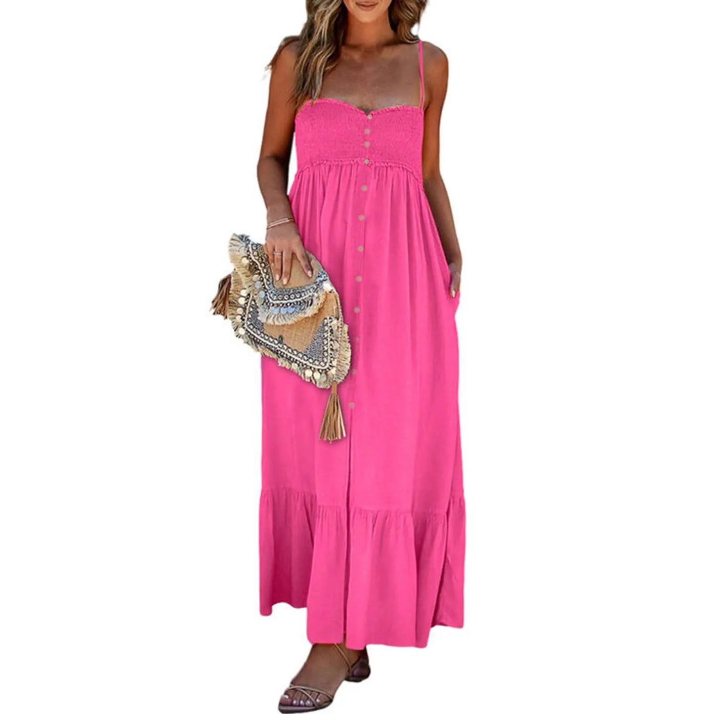 JuliaFashion - Womens Summer Casual Sleeveless Spaghetti Strap Button Down Smocked Beach Long Maxi With For Beaches Dress