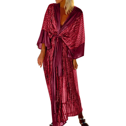 JuliaFashion - Women Sequin Cardigan Bat Sleeve Party Holiday V Neck Long Evening Holiday Midi For Women Kimono Cover Up Dress