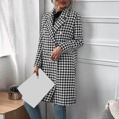 JuliaFashion - Wool Blends Houndstooth Long Woolen Jacket 2024 Autumn Winter Fashion Elegant Trench Coat Office Lady Casual Streetwear Dress