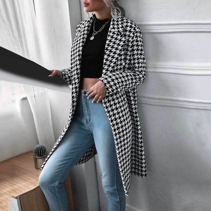 JuliaFashion - Wool Blends Houndstooth Long Woolen Jacket 2024 Autumn Winter Fashion Elegant Trench Coat Office Lady Casual Streetwear Dress