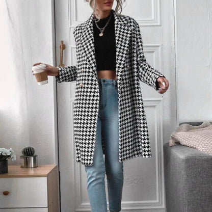 JuliaFashion - Wool Blends Houndstooth Long Woolen Jacket 2024 Autumn Winter Fashion Elegant Trench Coat Office Lady Casual Streetwear Dress