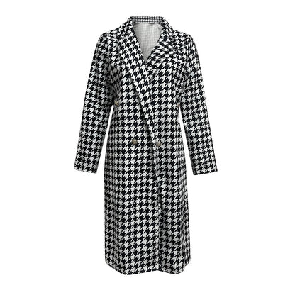 JuliaFashion - Wool Blends Houndstooth Long Woolen Jacket 2024 Autumn Winter Fashion Elegant Trench Coat Office Lady Casual Streetwear Dress