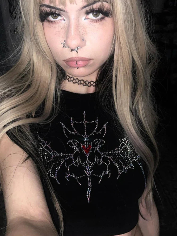 Y2K Grunge Rhinestone Vintage Graphic Crop Fairy Top
