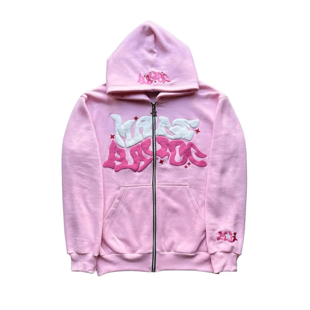 Loose Pink Printed Fashion Hip Hop Zipper Hoodie