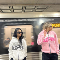 Loose Pink Printed Fashion Hip Hop Zipper Hoodie
