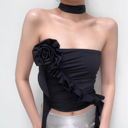 Gothic Ruffles Off Flower Aesthetic Crop Shoulder Backless Top