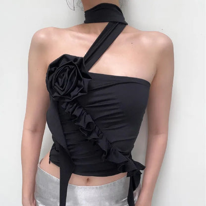 Gothic Ruffles Off Flower Aesthetic Crop Shoulder Backless Top