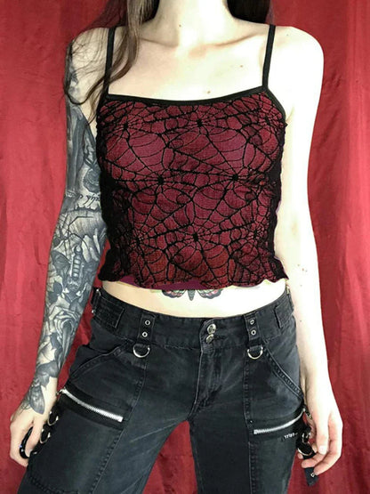 Gothic High Street Mesh Lace Backless Ruffle Sleeveless Crop Top