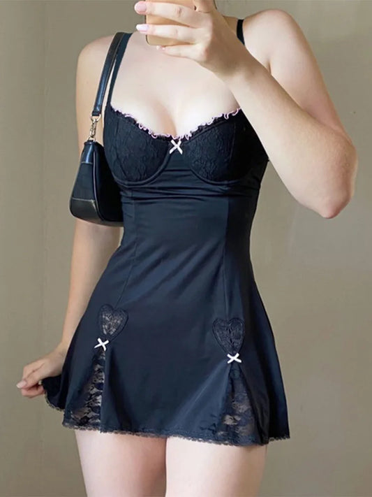 Julia Fashion - Retro Lace Patchwork Strap Bow Black Aesthetic Club Party Mini Dress