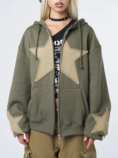 Y2K Vintage Star Print Hooded Casual Loose Long Sleeve Zip Up Hoody