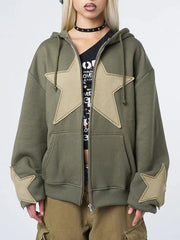 Y2K Vintage Star Print Hooded Casual Loose Long Sleeve Zip Up Hoody