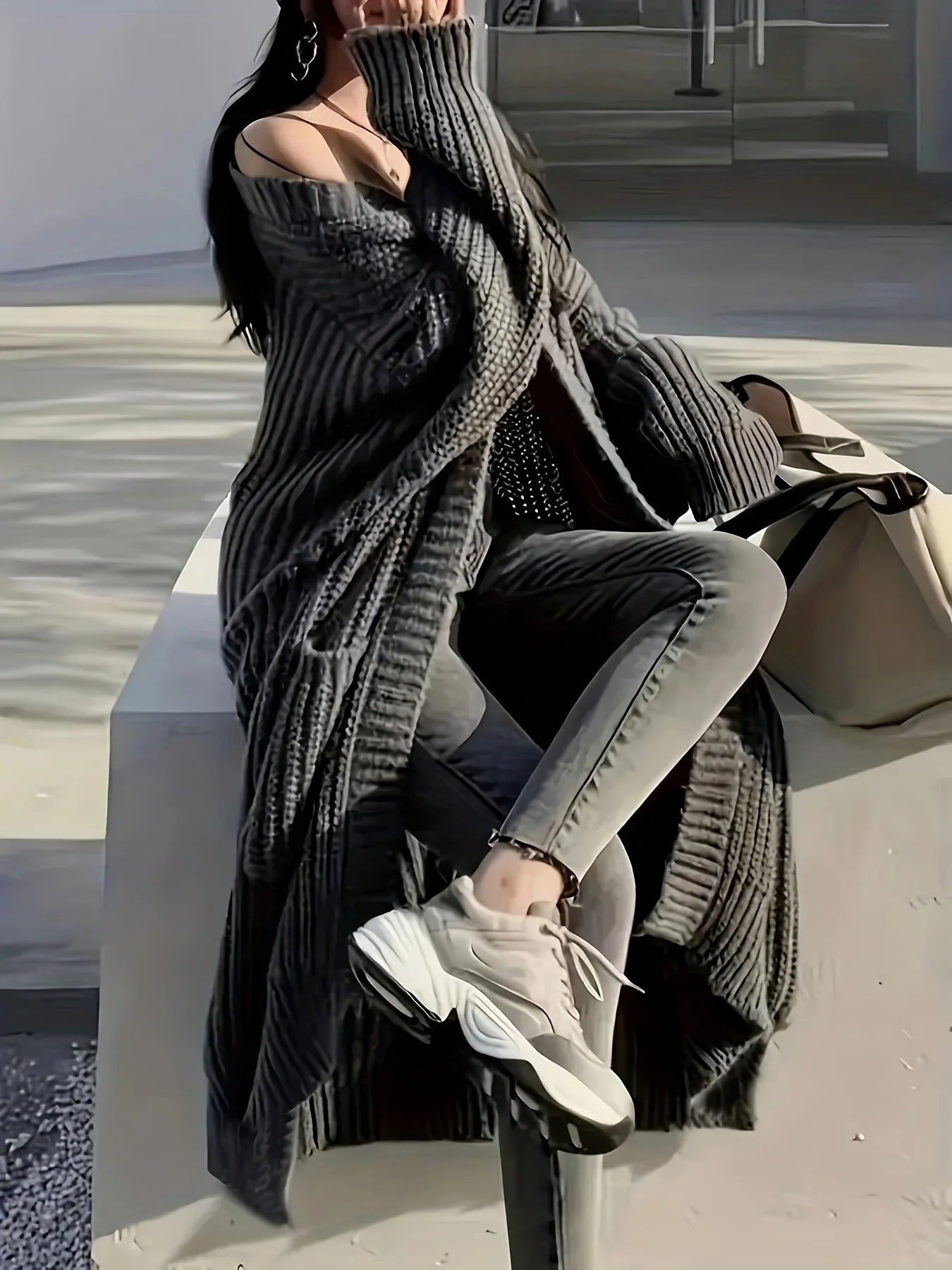 Y2K Fashionable Solid Color Long Sleeve Midi Cardigan