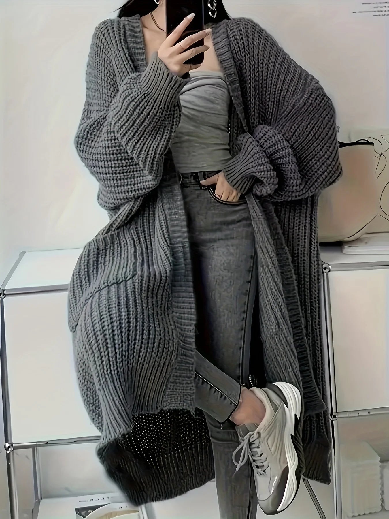 Y2K Fashionable Solid Color Long Sleeve Midi Cardigan