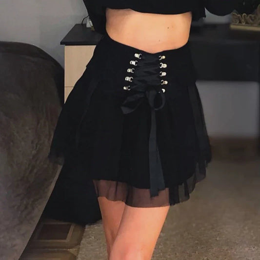 Y2k Vintage Dark Straps Style Ladies Harajuku Mesh Summer Streetwear Black Sexy High Waist A-Line Skirt