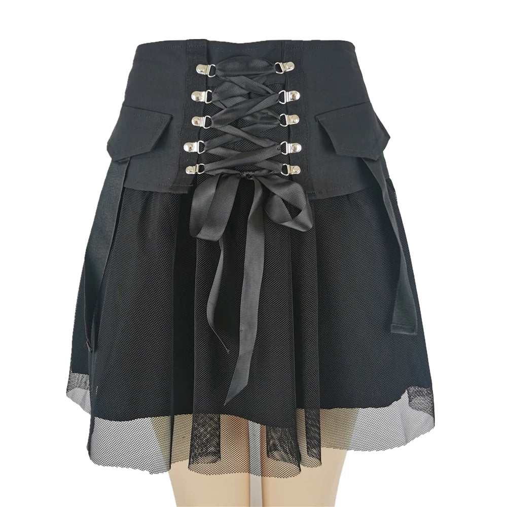 Y2k Vintage Dark Straps Style Ladies Harajuku Mesh Summer Streetwear Black Sexy High Waist A-Line Skirt