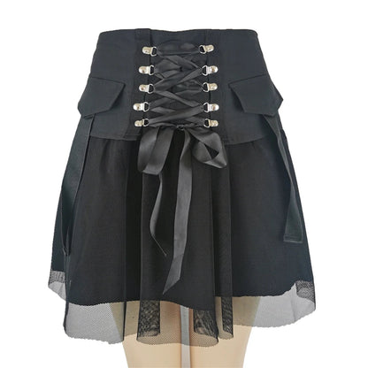 Y2k Vintage Dark Straps Style Ladies Harajuku Mesh Summer Streetwear Black Sexy High Waist A-Line Skirt