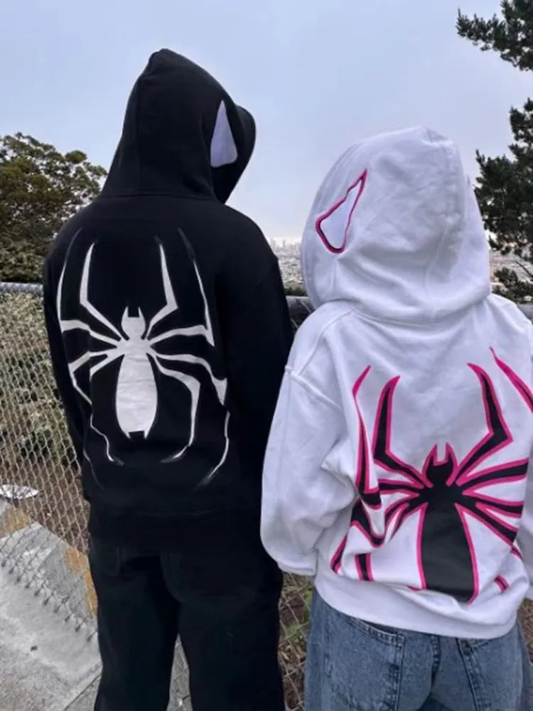 Y2K Spider Print Autumn Winter Punk Loose Hooded Sweatshirt Hoody