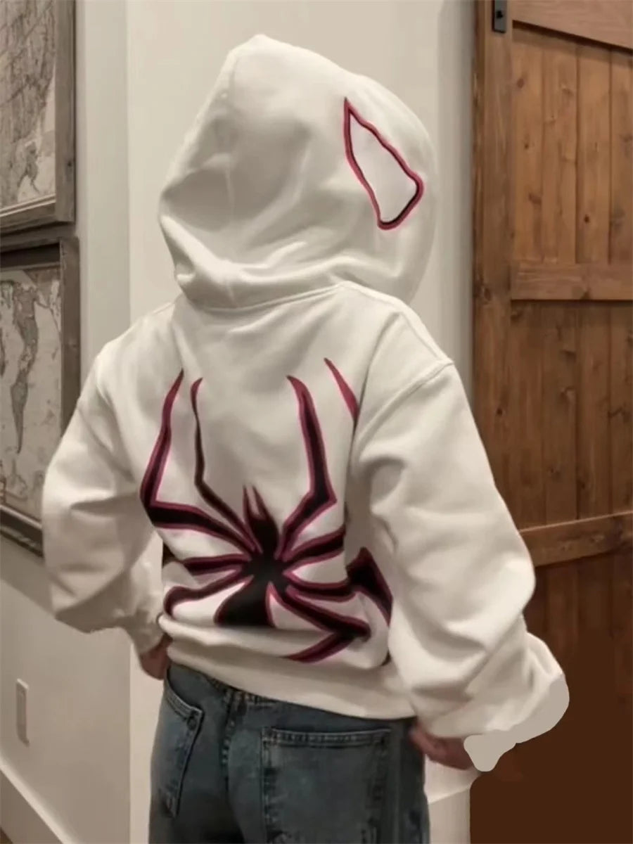 Y2K Spider Print Autumn Winter Punk Loose Hooded Sweatshirt Hoody