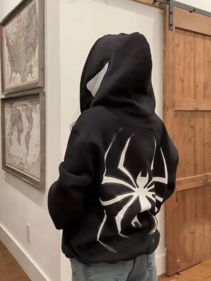 Y2K Spider Print Autumn Winter Punk Loose Hooded Sweatshirt Hoody