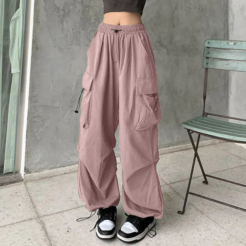 Y2K Cargo Drawstring Pleated Wide Pants red 3 / S