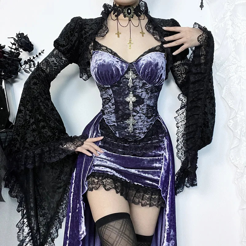 French Fashion Purple Slim Sling Trailing Gothic Dark High Waist Irregular Fairy Grunge Outfit