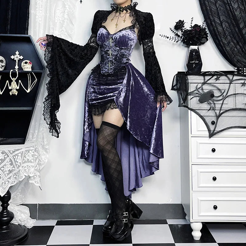 French Fashion Purple Slim Sling Trailing Gothic Dark High Waist Irregular Fairy Grunge Outfit