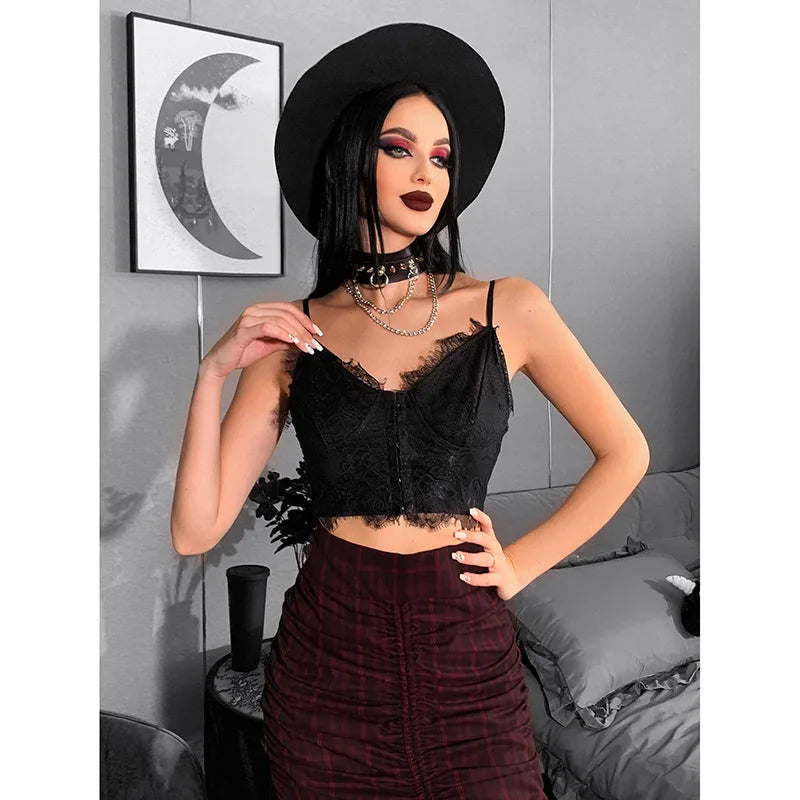 Gothic Punk Sexy Fairy Grunge V-neck Dark Lace Crop Top