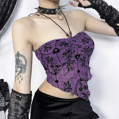 Gothic Irregular Crop Sexy Halterneck Flocked Bandeau Backless Top