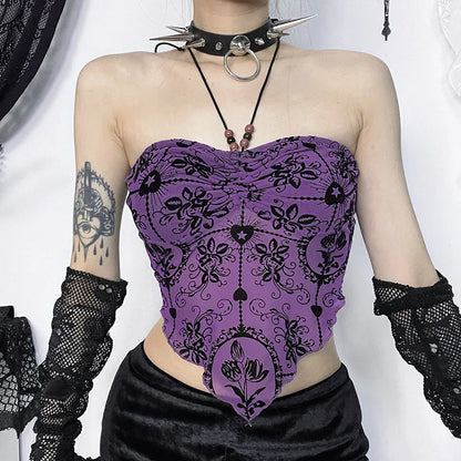 Gothic Irregular Crop Sexy Halterneck Flocked Bandeau Backless Top