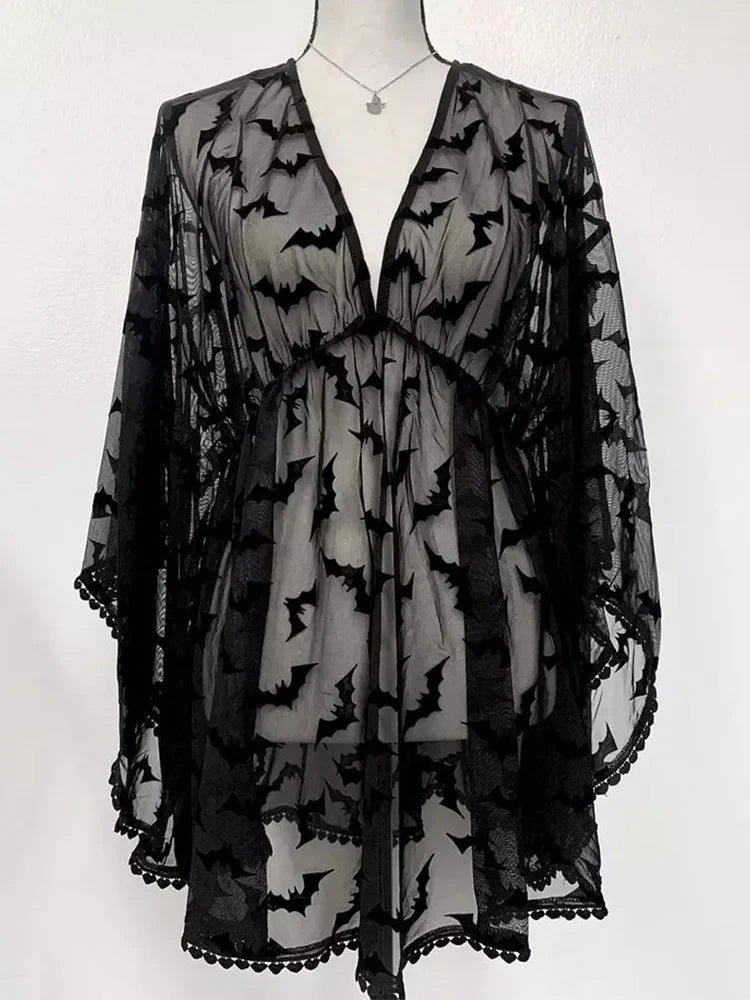 Grunge Aesthetic See Through Black Goth Lace E-Girls Chiffon Graphic Bat Night Club Outfit