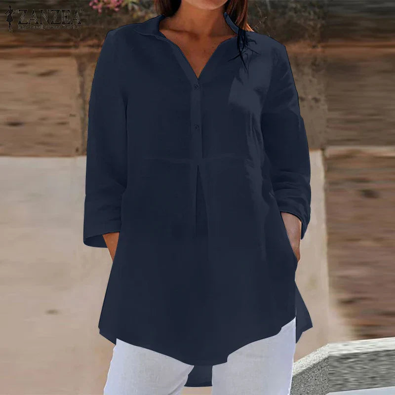 Lapel Neck 3/4 Sleeve Casual Loose Button Blouse blouse-250126