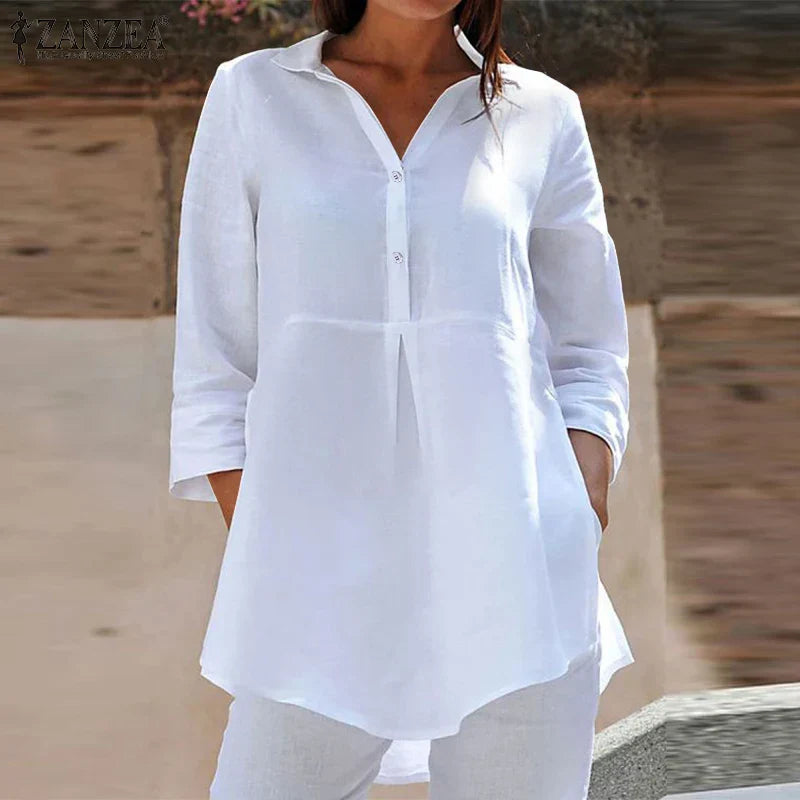 Lapel Neck 3/4 Sleeve Casual Loose Button Blouse blouse-250126