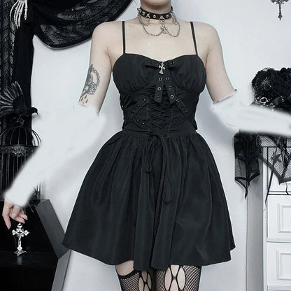 Dark Gothic Spaghetti Strap Elegant Grunge Ruched Bandage Punk Steampunk Outfit