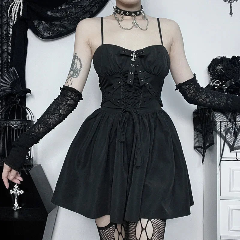 Dark Gothic Spaghetti Strap Elegant Grunge Ruched Bandage Punk Steampunk Outfit