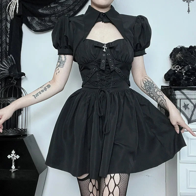 Dark Gothic Spaghetti Strap Elegant Grunge Ruched Bandage Punk Steampunk Outfit