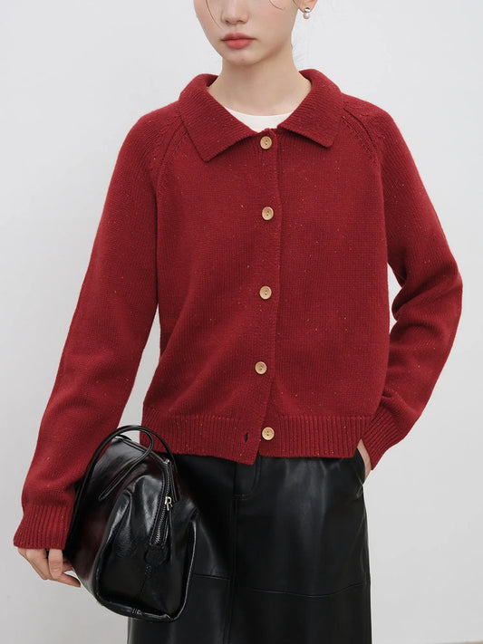 Petite Retro Lapel Knit Cardigan For Early Autumn Red Christmas Sweater Sweaters-L