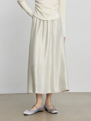 Solid Long High Waist Elastic Silver Grey Draped A-Line Commuter Skirt White / Xxs