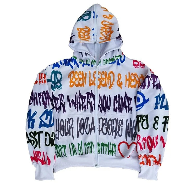 Zip Up Y2K Letter Print Gothic Grunge Oversized Sweatshirt Hoody