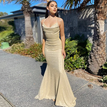 JuliaFashion - 2024 Spaghetti Strap Mermaid Shiny Maxi Evening Prom Dress