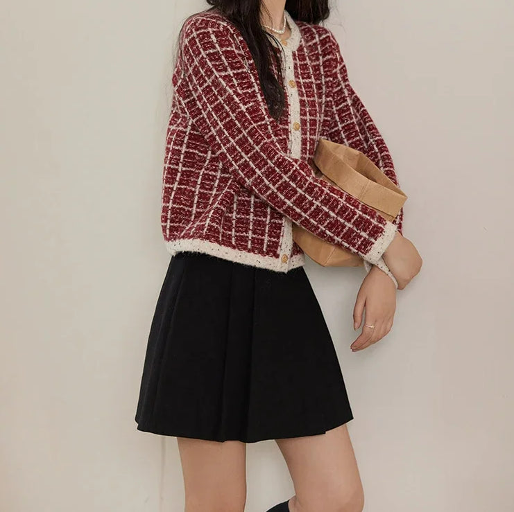 Plaid Tweed Retro Red O-Neck Cardigan Cardigan-241208