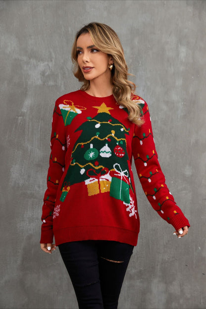 Christmas Cozy Color Block Xmas Tree Print Sweater