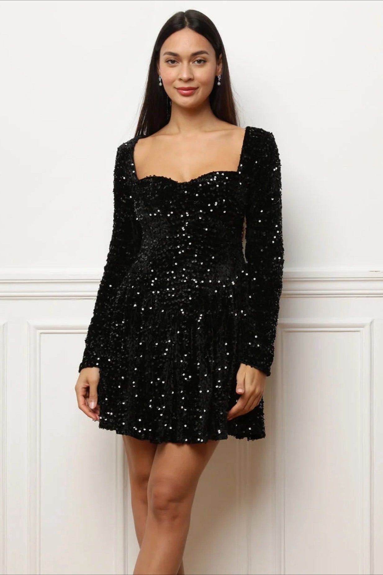 Elegant Long Sleeve Petite Sequined Party Sequin Dress
