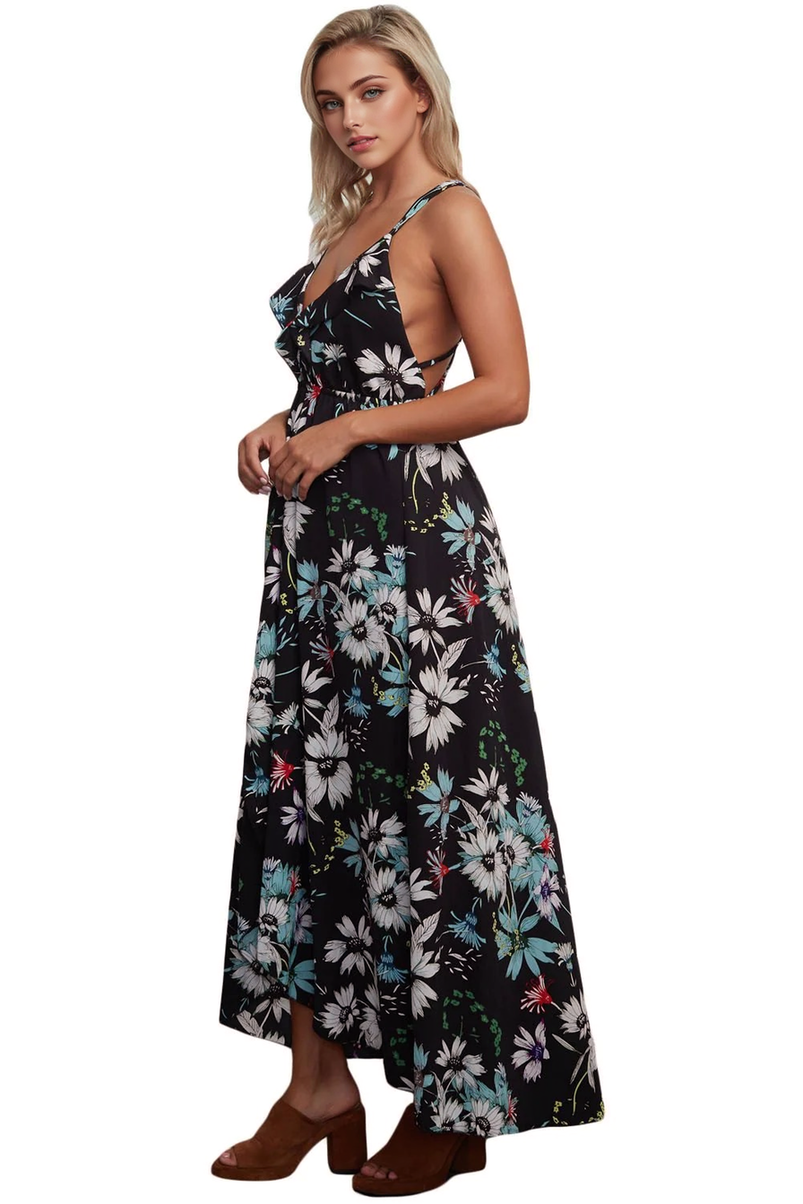 JuliaFashion-Black Floral Chiffon Spaghetti Straps Maxi Dress