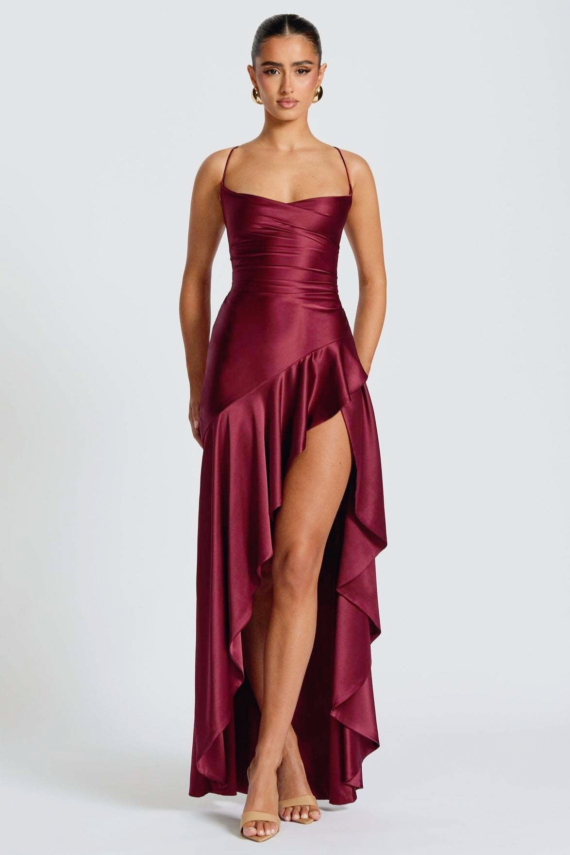 Asymmetric Ruffle Slip Dress