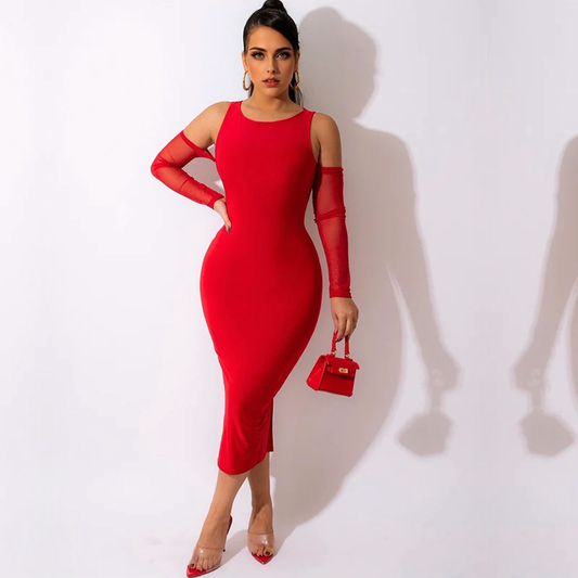 Julia Fashion - Sexy Off Shoulder Mesh Long Sleeve Bodycon Midi Dress