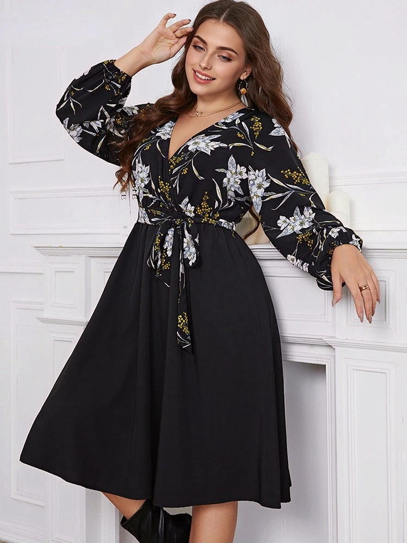 JuliaFashion-Floral Print Patchwork Lace Up Elegant Chubby Dresses