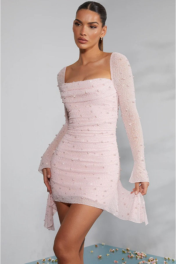 Sequined Beaded Square Neck Long Sleeve Bodycon Party Dress